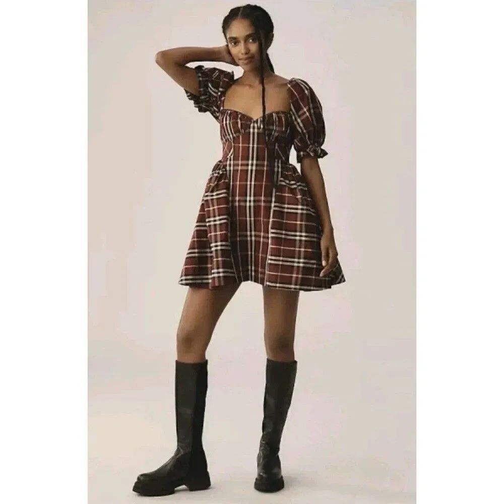 Anthropologie Maeve Size Small Red Plaid Sweetheart Puff Sleeve Mini Dress New
